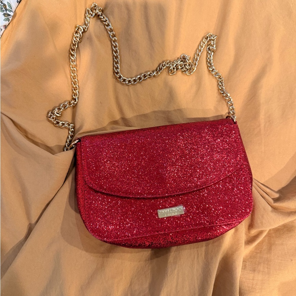 Jimmy Choo NEW Glitter Crossbody Shoulder Bag in Red with Gold Chain